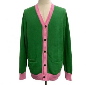 Cárdigan de punto con cuello en V y ribete verde y rosa, con logotipo personalizado bordado para mujer, manga larga, antiarrugas, transpirable, ropa informal. - Product Image 1