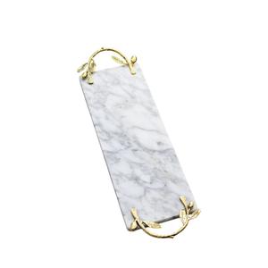 Plateau de service décoratif en marbre blanc naturel, écologique, pour mariage, avec poignées en métal doré en forme de branche, rectangulaire, décoration d'intérieur - Product Image 4