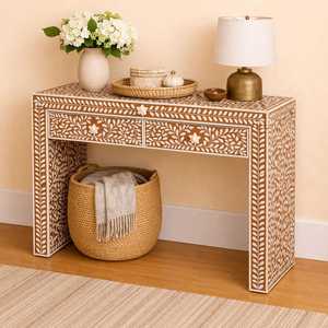 Handmade Eco-Friendly Bone Inlay Round Table Striped Entryway <b>Hall</b> Table for Baptism Occasions - Product Image 1