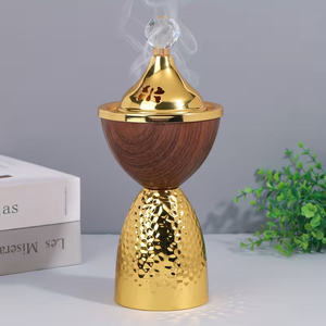 Wholesale Modern Walnut Wood Gold Silver Metal <b>Bakhoor</b> Burner Hammered Base Dome Top Arabian Mabkhara Goblet Shape <b>Oud</b> Incense - Product Image 2