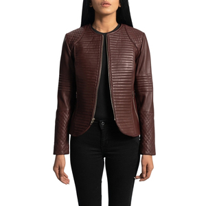 Women's Burgundy Brown Quilted Genuine Leather <b>Racer</b> <b>Jacket</b> Zipper Crew Neck Long Sleeve Moto Biker Coat - Product Image 5