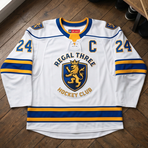 Regal Three Hockey Club Jerseys Men's White Blue Yellow Ice Hockey Jersey Full Sleeve Sportswear Breathable <b>Mesh</b> Hockey Jersey - Product Image 1