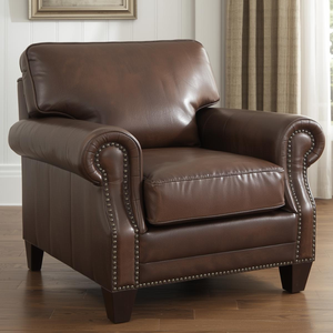 Fauteuil en cuir de vachette véritable à structure robuste, canapé d'appoint rembourré en cuir véritable, style classique pour salon - Product Image 1