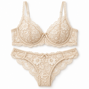 Conjunto de lencería de encaje floral bordado para mujer, con aros, copa 3/4, transpirable, de malla transparente, romántico, para novias. - Product Image 5