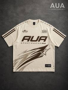 Camiseta de Manga Corta Oversize para Hombre AUA, Cuello Redondo, Estilo Urbano, Jersey de Algodón con Ribete en Contraste, Logotipo Estampado en la Espalda - Product Image 5