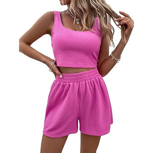 Unisex 2 Piece Ribbed Sleeveless Regular Top High Waist Shorts Set Solid <b>Black</b> Casual 100% Cotton Eco-Friendly Streetwear Spring - Product Image 6