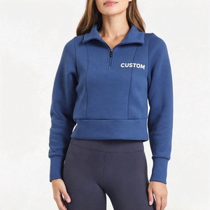 Custom Blue <b>Womens</b> <b>Quarter</b> <b>Zip</b> <b>Sweatshirt</b> Stand Cropped Long Sleeve Activewear Soft Stretch Sports Pullover for Yoga Fitness - Product Image 1