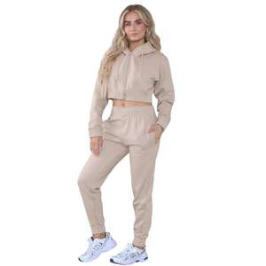 Hot Selling <b>Women</b> Vintage Sporty 2 Piece Crop Top Hoodie <b>Jogger</b> Tracksuit Sets 100% Cotton All Seasons - Product Image 4