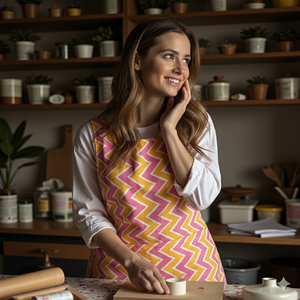 Tablier en coton Zig Zag jaune rose moderne sans manches pour filles, tissu doux et robuste, confort décontracté, réutilisable, design intemporel pour - Product Image 6