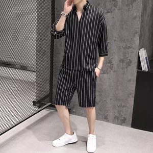 ชุดแนวสตรีทสำหรับผู้ชาย,ชุดเสื้อเชิ้ตและกางเกงขาสั้นแขนสั้นทรงหลวมชุดเดินชายหาดระบายอากาศสำหรับฤดูร้อน - Product Image 3