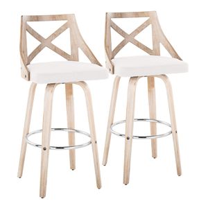Sgabello da bar Charlotte da 30 pollici a altezza fissa con seduta girevole in tessuto color crema e poggiapiedi in metallo cromato, stile rustico in legno bianco anticato - Product Image 1
