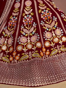 Ensemble Lehenga Choli en Georgette Bourgogne à Manches Trois-Quarts, Broderie Florale Zari Resham, Tenue Traditionnelle pour Femme, Idéal pour Mariage et Fêtes - Product Image 6