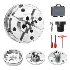 Ensemble de mandrins pneumatiques pour tour à bois de 4 pouces - 4 mâchoires auto-centrantes avec adaptateur de filetage 1'' x 8TPI et 4 mâchoires rondes/étagées/en forme de broche - Product Image 1
