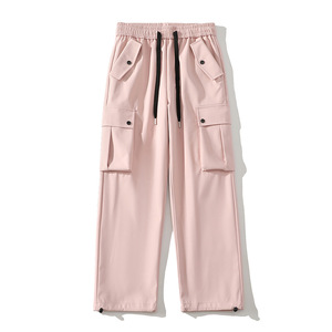 Pantalon en velours côtelé noir pour homme, coupe large, taille élastique avec cordon de serrage, poches latérales, style décontracté automne, tissu mi-lourd - Product Image 2