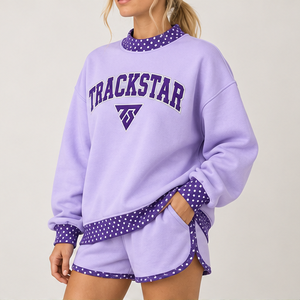 <b>Women's</b> Lavender Contrast Polka Trim Mock Neck 2-Piece <b>Shorts</b> <b>Set</b> Custom Casual Sportswear - Product Image 3