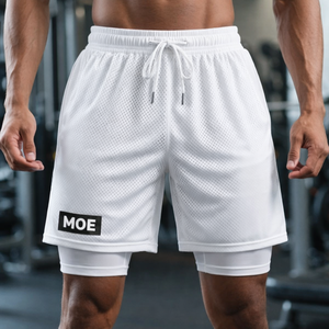 Pantalones Cortos de Gimnasio 2 en 1 Blancos con Forro de Compresión y Cordón Ajustable, Ropa de Entrenamiento, Personalización MOE, Marca Privada, Fábrica OEM - Product Image 5