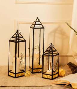 Lanterne marocaine suspendue en verre et métal, 12 pouces, forme carrée géométrique, lanterne décorative pour la maison - Product Image 5