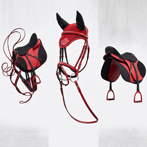 Selle d'endurance anglaise rouge et noire en cuir PU avec arceau en plastique réglable, ensemble d'équipement d'équitation pour l'entraînement sur sentier - Product Image 2