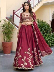 Maroon Organza Embroidered <b>Lehenga</b> With Gold Floral Work A-Line Floor-Length Bridesmaid Dress V-Neck Short Sleeve - Product Image 2