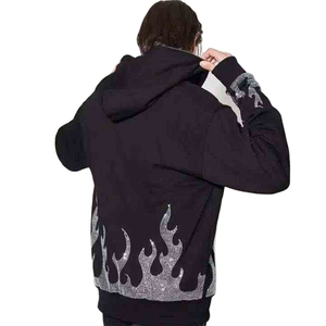Sweat à capuche zippé noir pour homme avec strass, motif flamme imprimé, 100 % coton, manches longues, directement de l'usine, OEM - Product Image 5