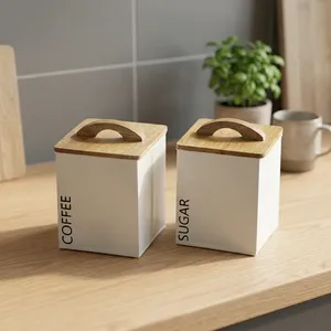 Juego de Recipientes de Cocina de Hierro con Tapas de Bambú, 2 Piezas, para Almacenar Café y Azúcar - Product Image 1