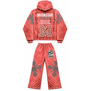 MUDASSAR Tracksuit Set 100% Cotton Zipper Full Length 450 Gsm Geometric Pattern Rhinestone <b>Cropped</b> <b>Joggers</b> Casual - Product Image 2
