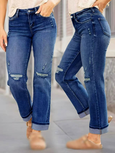 High Waist Black Ripped Denim Jeans Slim Fit Turn-Up Cuff Ankle Length Distressed Style Classic Five-Pocket Button Zip Closure - Product Image 3