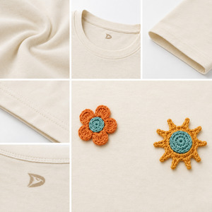 T-shirt crème à col rond pour femme avec fleurs au crochet et appliques soleil, manches courtes, décontracté, printemps-été - Product Image 6