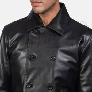 Veste en cuir noire pour homme, double boutonnage, coupe classique slim, style Pea Coat, en cuir véritable, manteau court décontracté - Product Image 4