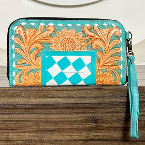 Hot Selling Checkered With SunFlower Design Genuine Hand Tooled Leather <b>Zipper</b> Pattern Purse For Women's Everyday Use <b>Wallet</b> - Product Image 4