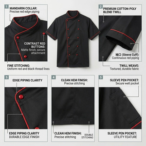 Reddito Black <b>Mandarin</b> <b>Collar</b> Double Breasted Chef <b>Jacket</b> Men Workwear Style Short Sleeve Polyester Solid Color - Product Image 5
