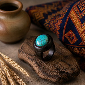 Authentic Handmade Ebony Turquoise Vintage Unisex <b>Ring</b> Solid Pau Preto Wood <b>Craft</b> Unique Artisanal Ornament for Gift Daily - Product Image 3