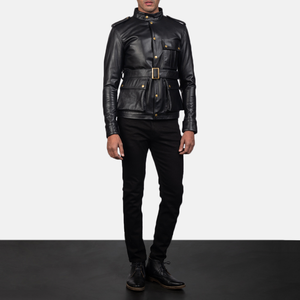 Men's Black Genuine Leather Jacket With Epaulets <b>Belt</b> And Pockets Stand Collar Moto Biker Style Winter Wear - Product Image 2