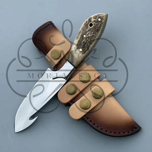 Couteau de chasse utilitaire à lame en acier au carbone avec poignée en bois de cerf et fourreau en cuir poli - Product Image 4
