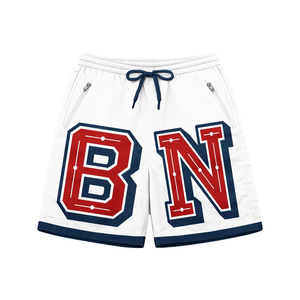 Shorts coupe-vent en nylon Taslon blanc marine 220 GSM, impression puff, logo personnalisé, cordon de serrage, fermetures éclair, pour homme - Product Image 1
