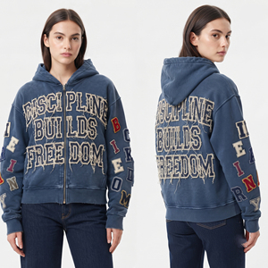 Sudadera con capucha extragrande con cremallera para mujer, estilo americano, holgada, con bordado desgastado y hombros caídos, para invierno - Product Image 1