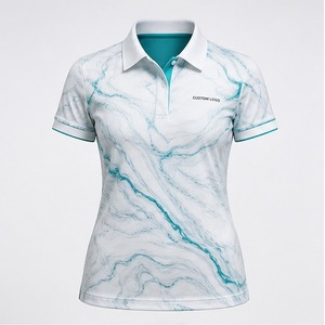 เสื้อโปโลแขนสั้นพิมพ์ลายหินอ่อนสีขาวสำหรับผู้หญิง ผ้าถักระบายอากาศได้ดี โพลีเอสเตอร์ 100% ชุดลำลองสวมใส่สบาย - Product Image 5