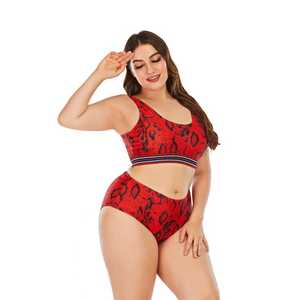 <b>Red</b> Leopard Print Two Piece Bikini Set Scoop Neck High Waist Plus Size Spandex Polyester <b>Crop</b> <b>Top</b> With Contrast Binding - Product Image 2