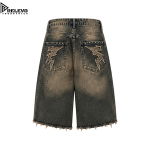 Shorts de Mezclilla Vintage de Alta Calidad con Lavado Desgastado, Apliques de Rayo y Dobladillo sin Rematar, Estilo Y2K Streetwear - Product Image 2