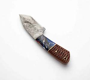Couteau utilitaire compact en acier Damas à lame fixe avec manche hybride en bois et résine, vente en gros - Product Image 1