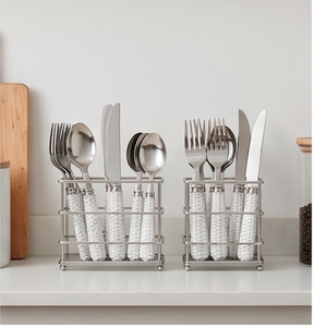 Minimalist Flatware Set With White Woven Handles Stainless Steel Cutlery Dishwasher Safe Wedding Silver Tone Knives Forks Spoons - Product Image 4