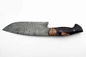 Couteau de cuisine utilitaire en acier Damas spécialement conçu avec manche en bois de burl violet stabilisé, pièce d'exposition artisanale - Product Image 4