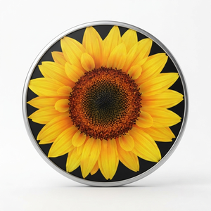 Sous-verre rond en MDF fait main avec bordure métallique argentée, motif floral tournesol, diamètre 9 cm, de REHMAN CRAFT - Product Image 3