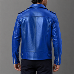 Veste moto en cuir PU bleu pour homme, coupe ajustée, fermeture éclair, col rabattu, couleur unie, vêtement d'automne - Product Image 6