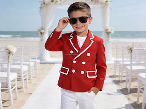 Ensemble de costume blazer beige croisé pour garçons, idéal pour mariage et fête | Blazer formel pour enfants avec pantalon blanc, vente en gros OEM - Product Image 4