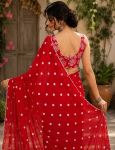 KV Women's Polka Print Bollywood Silk Blend <b>Saree</b> with Unstitched Blouse (<b>Red</b>) Reversible Quick Dry Wrinkle-Free Wedding - Product Image 3