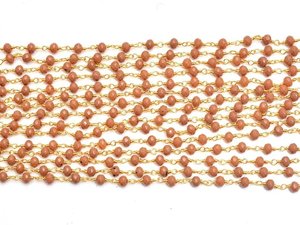 Chaîne de chapelet en pierre de lune pêche hydro, perles rondelles facettées de 3 mm, chaîne de bijoux enroulée de fil plaqué or - Product Image 4