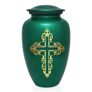 Classic Adult Funeral Memorial Cross Design Green Glossy Cremation Brass Urn for Human Ashes