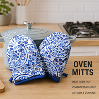 Ensemble de mini-mitaines de cuisine bleues à motifs floraux 12x14 cm |   Gants de cuisine en coton résistants à la chaleur, protège-plats pour la cuisson, la cuisine, le barbecue, l'utilisation au micro-ondes