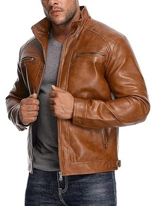 <b>Mens</b> Stand Collar Motorcycle Brown <b>Jacket</b> - Product Image 4